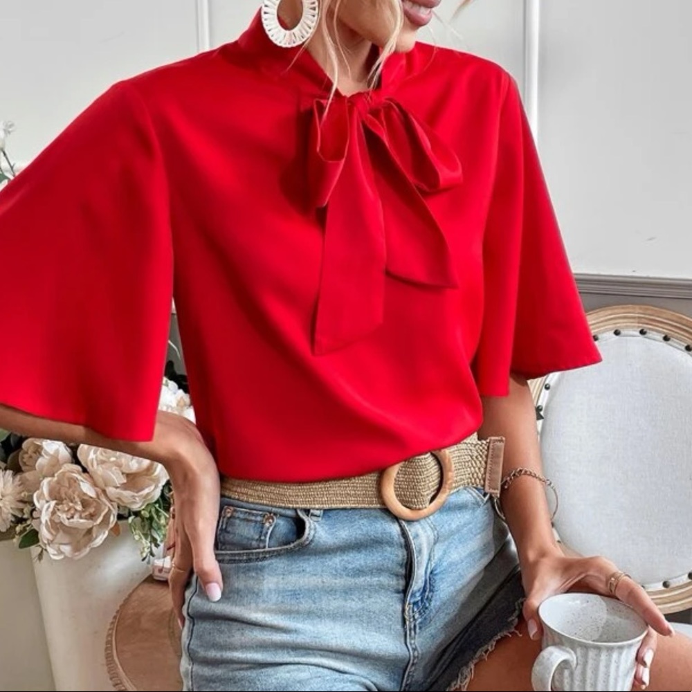 Red tie neck flounce sleeve blouse
